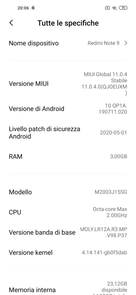 Screenshot 2020 06 20 20 06 00 483 com.android.settings 473x1024 - Xiaomi Redmi Note 9 recensione