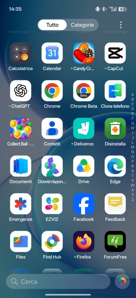 Screenshot dell'interfaccia Color OS 16 su Oppo reno 16 F 5G 5G con elenco delle applicazioni