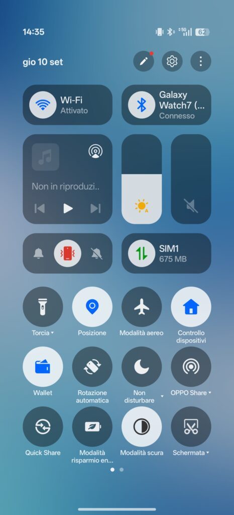 Screenshot dell'interfaccia Color OS 16 su Oppo reno 16 F 5G 5G con tendina deli toggle rapidi