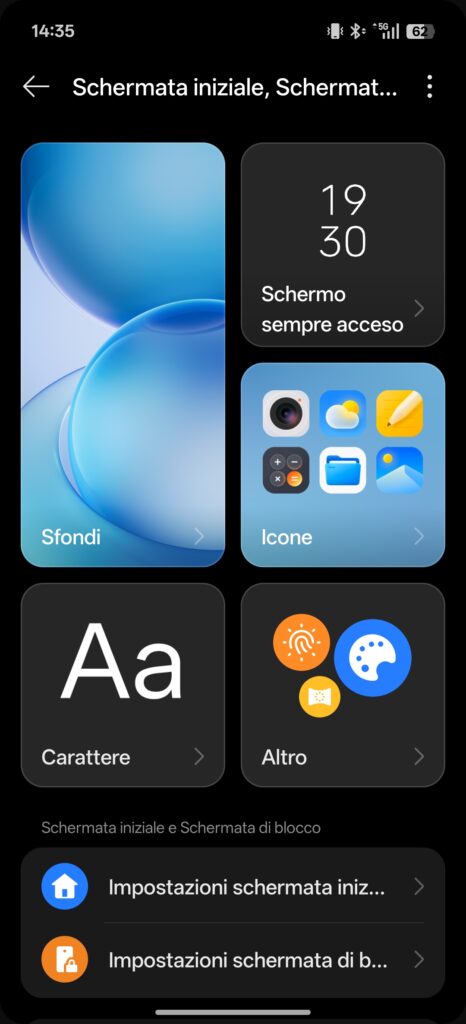 Screenshot dell'interfaccia Color OS 16 su Oppo Reno 16 F 5G con impostazioni di personalizzazione