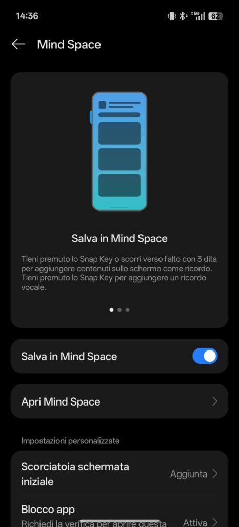 Screenshot dell'interfaccia Color OS 16 su Oppo Reno 16 F 5G con impostazioni di Mind Space