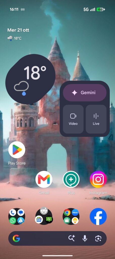 Screenshot dell'interfaccia di Google Pixel 11 con schermata home