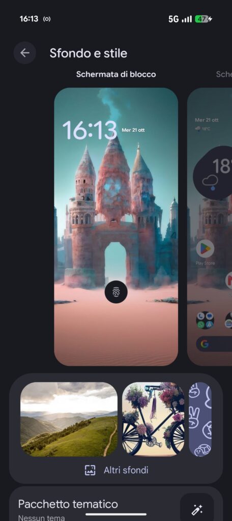 Screenshot dell'interfaccia di Google Pixel 11 con impostazioni di personalizzazione