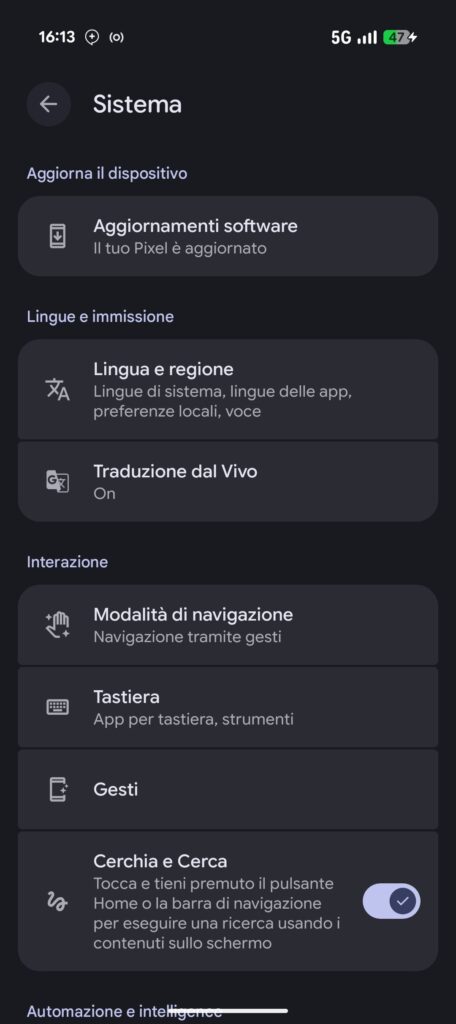 Screenshot dell'interfaccia di Google Pixel 11 con impostazioni del sistema