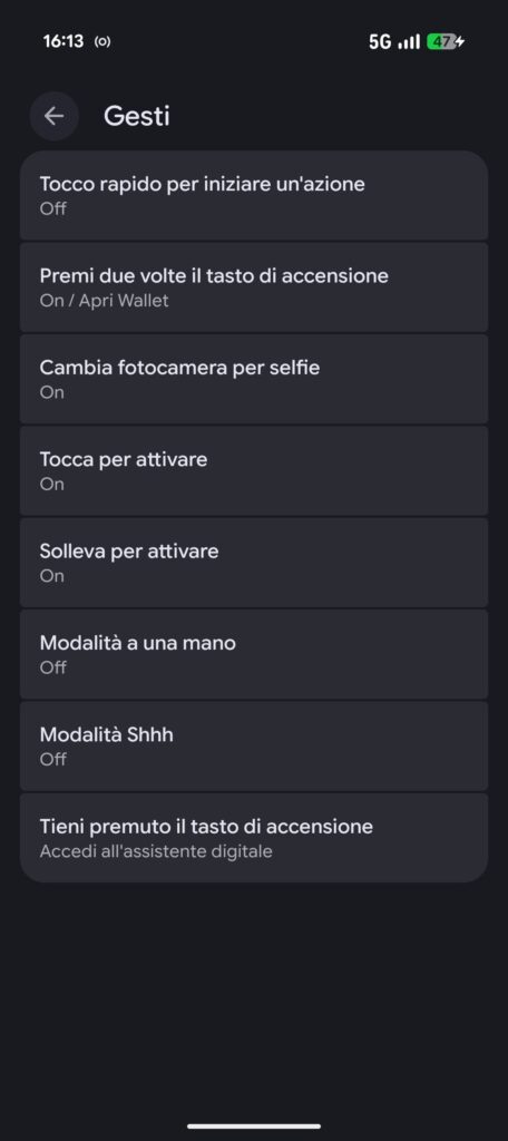 Screenshot dell'interfaccia di Google Pixel 11 con impostazioni dei gesti
